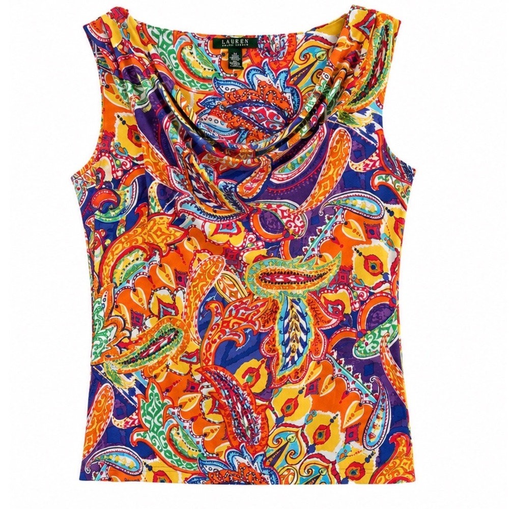Lauren Ralph Lauren Paisley Cowl Neck Sleeveless Top Multicolor Stretch Medium